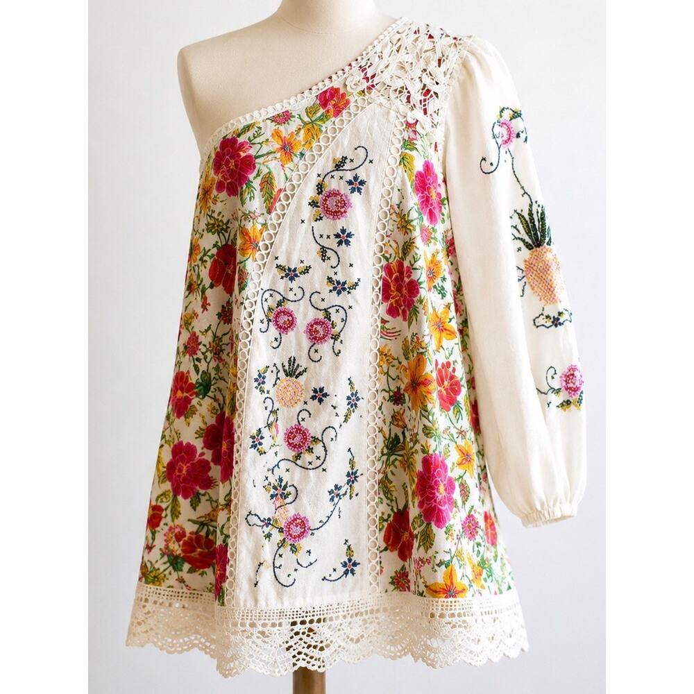 Farm Rio Anthropologie Toucans Garden One Shoulder Embroidered Boho Mini Dress L